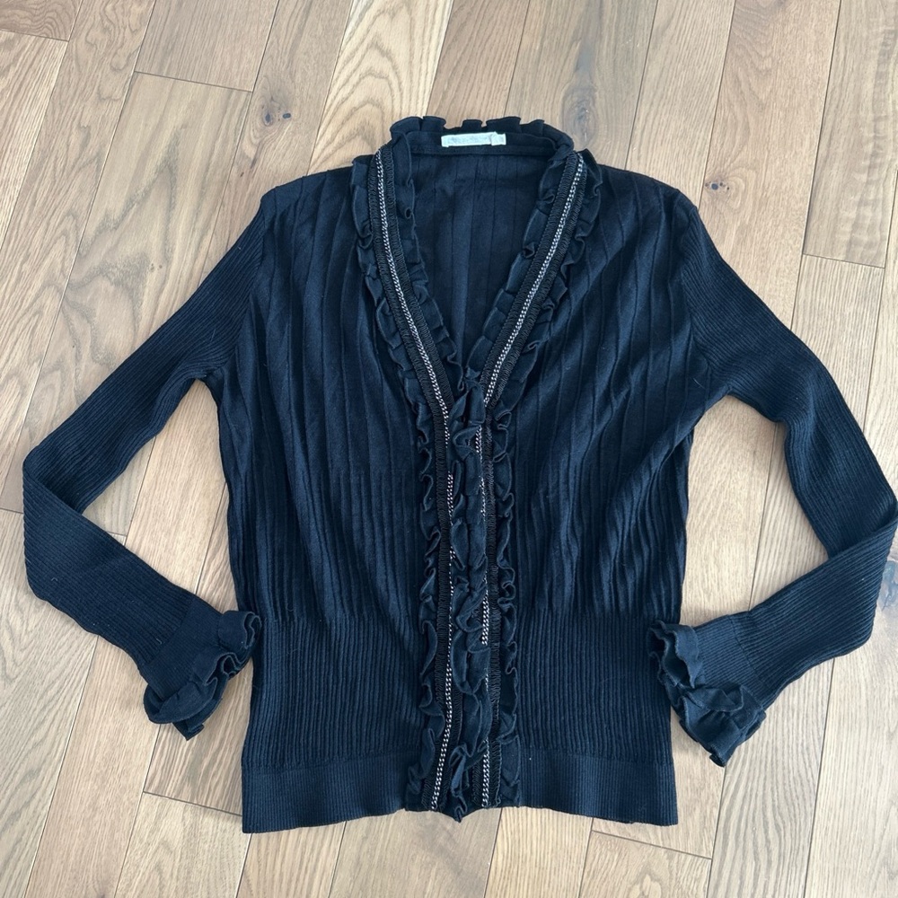 ANNE FONTAINE size 46 US L XL Ribknit Ruffle Cardigan Sweater Chain Trim